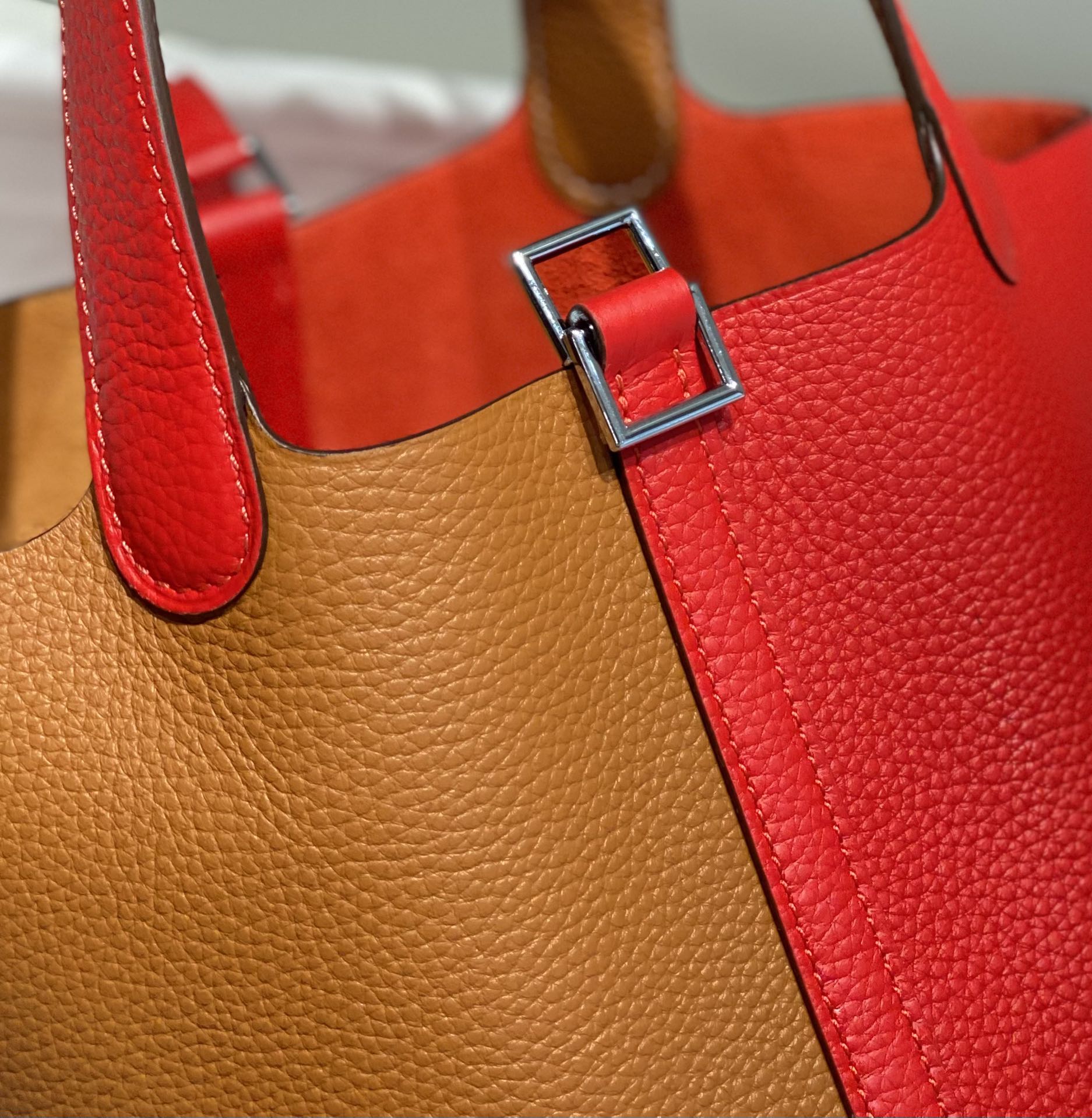 HERMES 25S PICOTIN LOCK 18 IN GOLDEN BROWN AND RED CALFSKIN SILVER HARDWARE