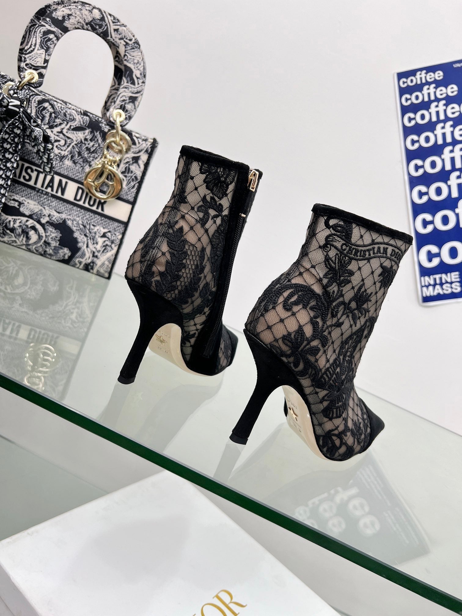 DIOR 25S POINTED-TOE ANKLE BOOTS 95 MM IN BLACK MESH TULLE AND SUEDE STYLE 1