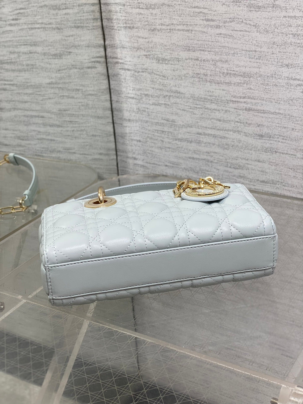 DIOR 25S SMALL LADY D‑JOY BAG 22 IN SHIRT BLUE CALFSKIN GOLD HARDWRE