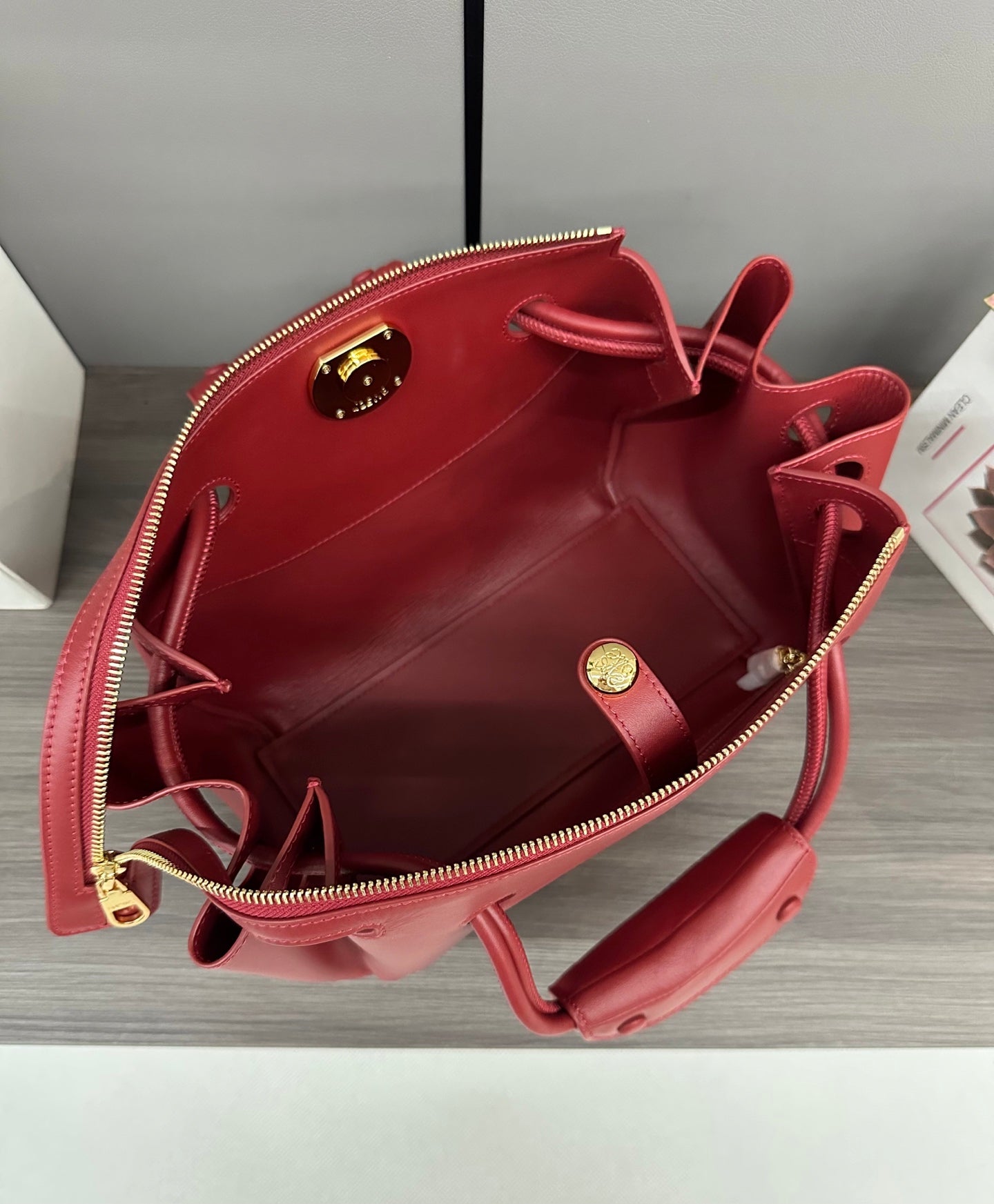 LOEWE 25S MEDIUM MADRID BAG 23 IN CHERRY RED CALFSKIN GOLD HARDWARE