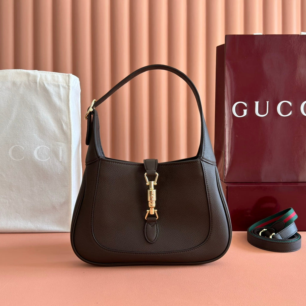 GUCCI 25S JACKIE 1961 SMALL BAG 28 CM IN DARK BROWN LEATHER WITH GOLD HARDWARE