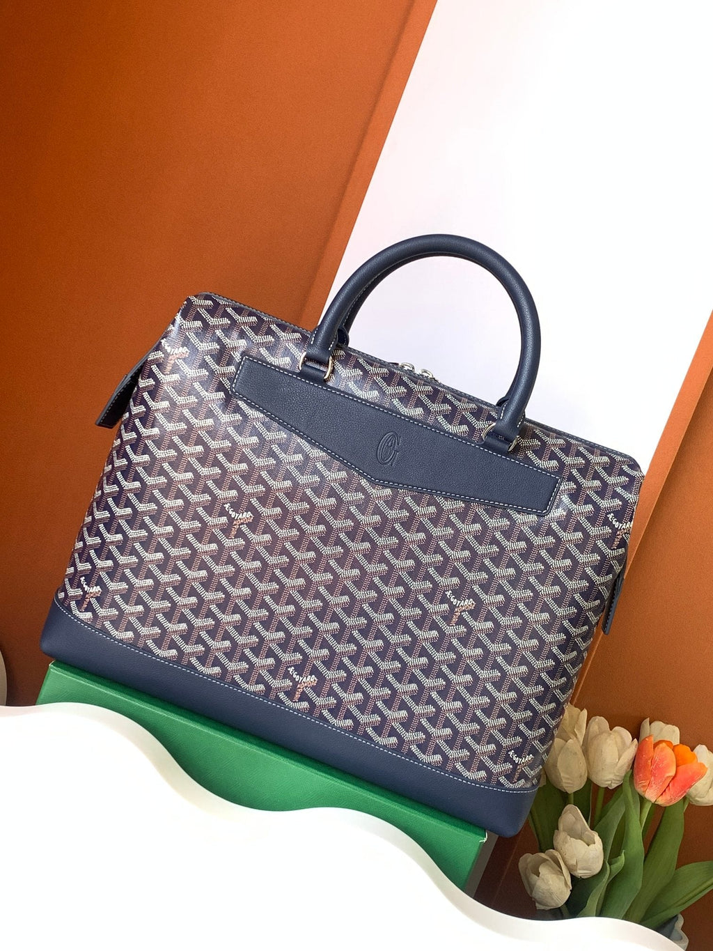 CISALPIN DOCUMENT CASE 39 IN NAVY BLUE GOYARDINE CANVAS AND CALFSKIN