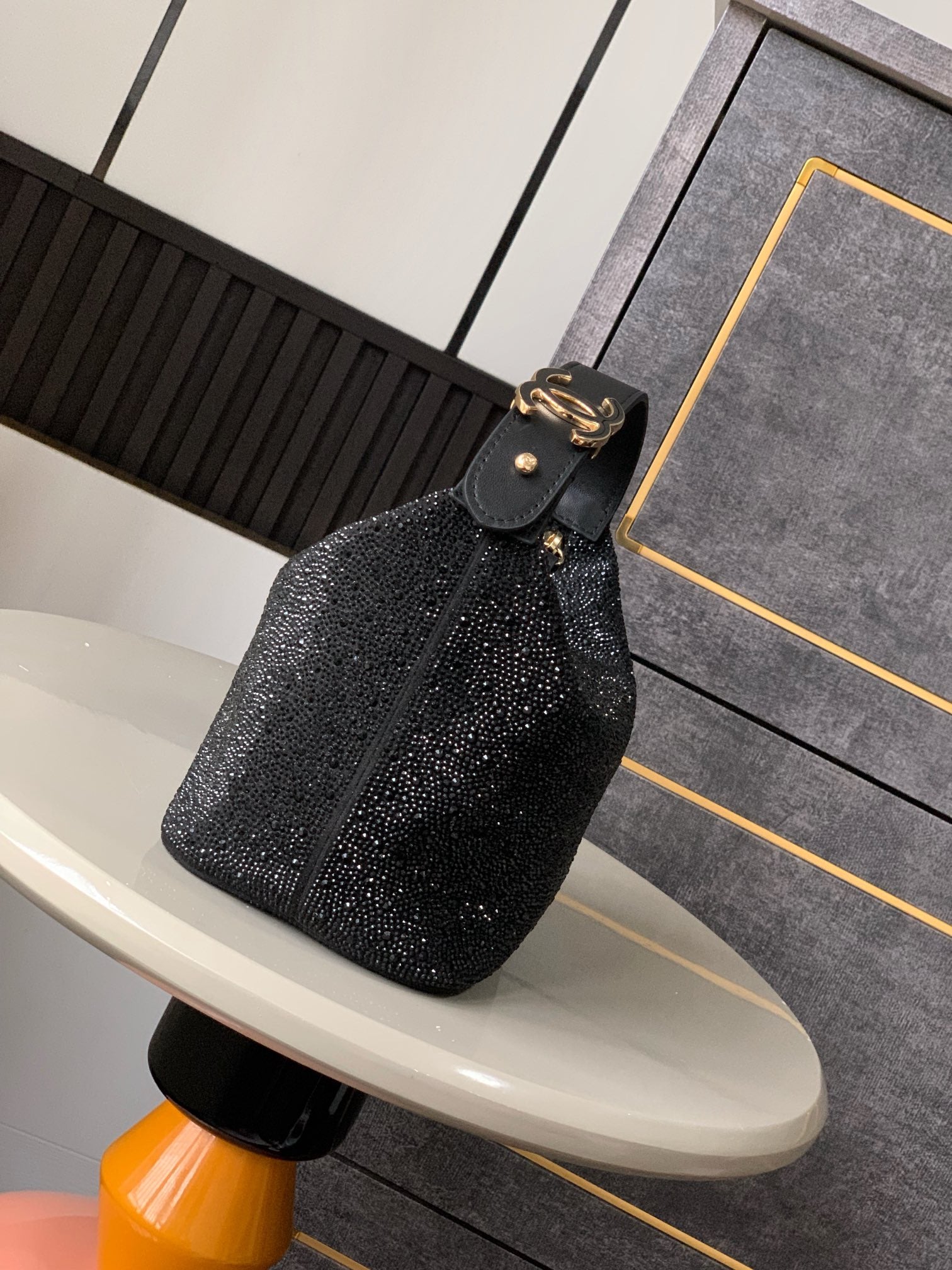 CHANEL 25S SHOPPING BAG 18 CM IN BLACK RHINESTONE-STUDDED