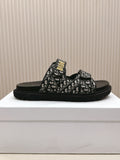 DIOR CLASSIC DOUBLE-STRAP SLIDES 25S IN BLACK FABRIC AND CALFSKIN