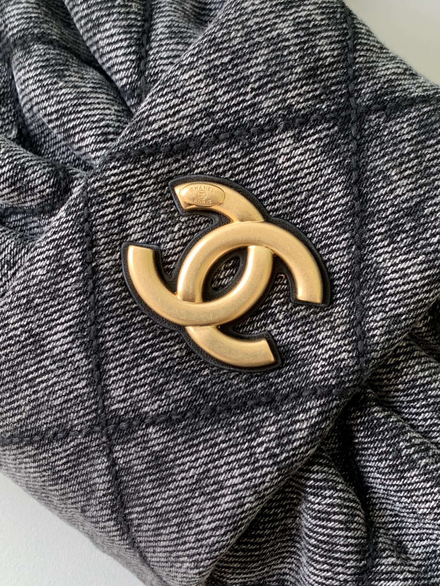 CHANEL 25S MAXI BOW BAG 26 IN DARK GREY DENIM WITH GOLD HARDWARE