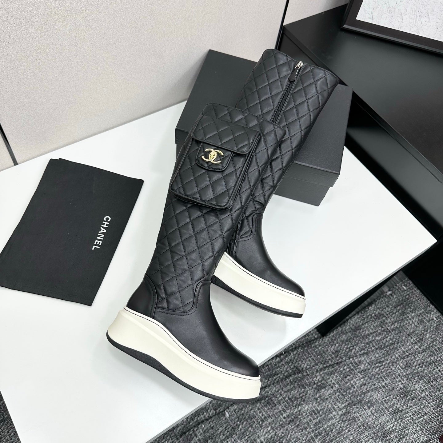 CHANEL 25S WEDGE KNEE-HIGH BOOTS IN BLACK CALFSKIN SILVER HARDWRE